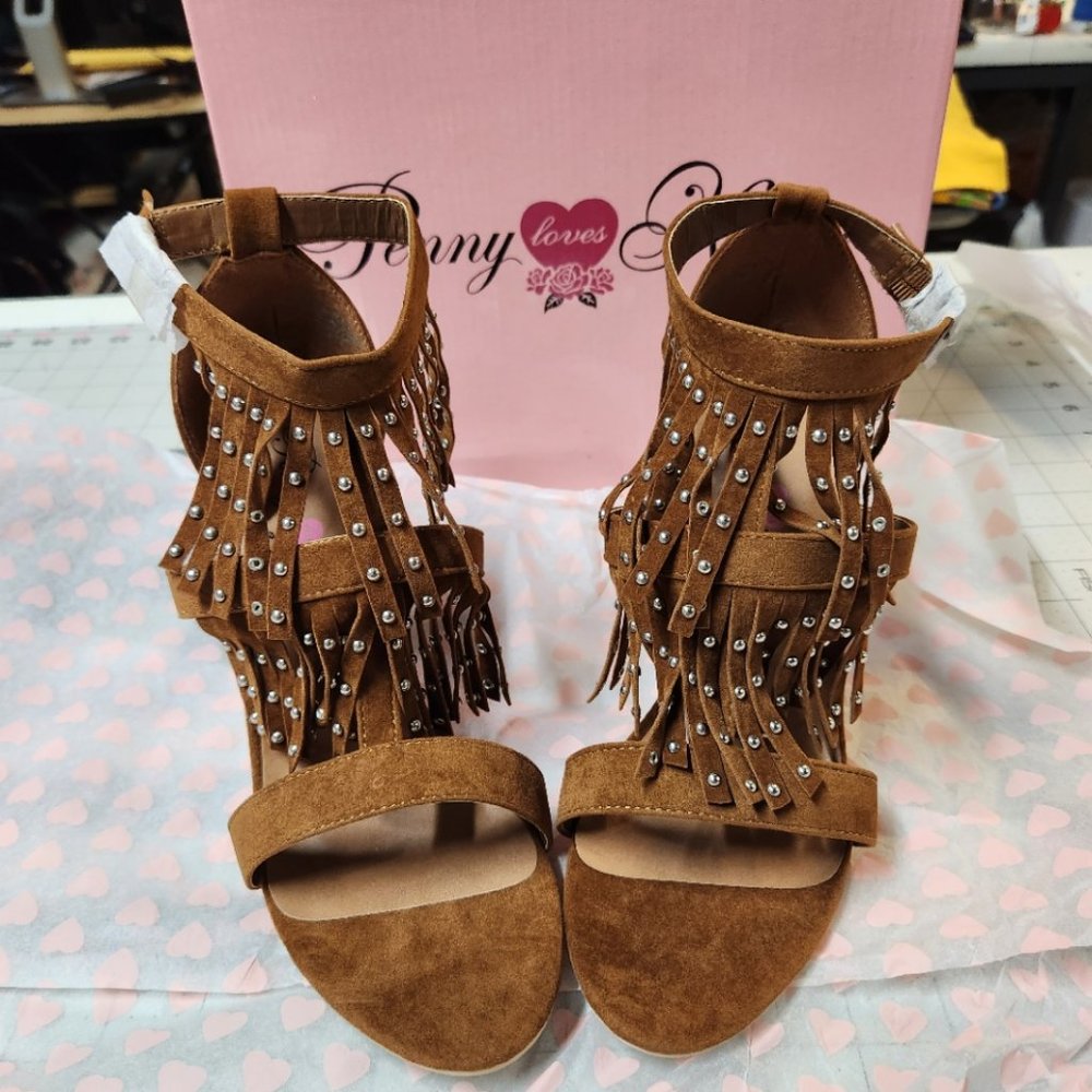 Cognac Faux Suede 4" Open Toe Heel w Studded Fringe Upper